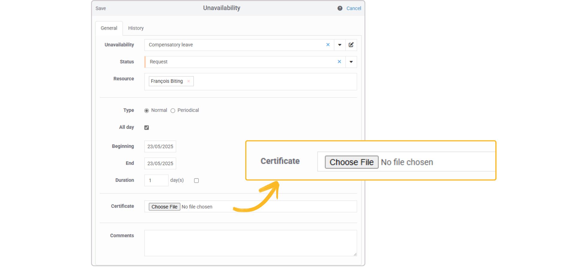 「アサイン不可」ウインドウのカスタムフィールド